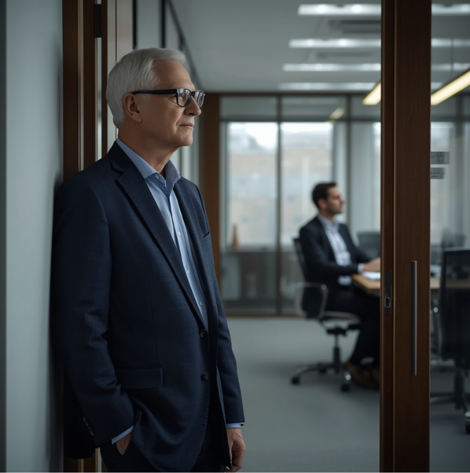Senior law firm partner standing in an office doorway, looking toward a younger colleague working in the background.