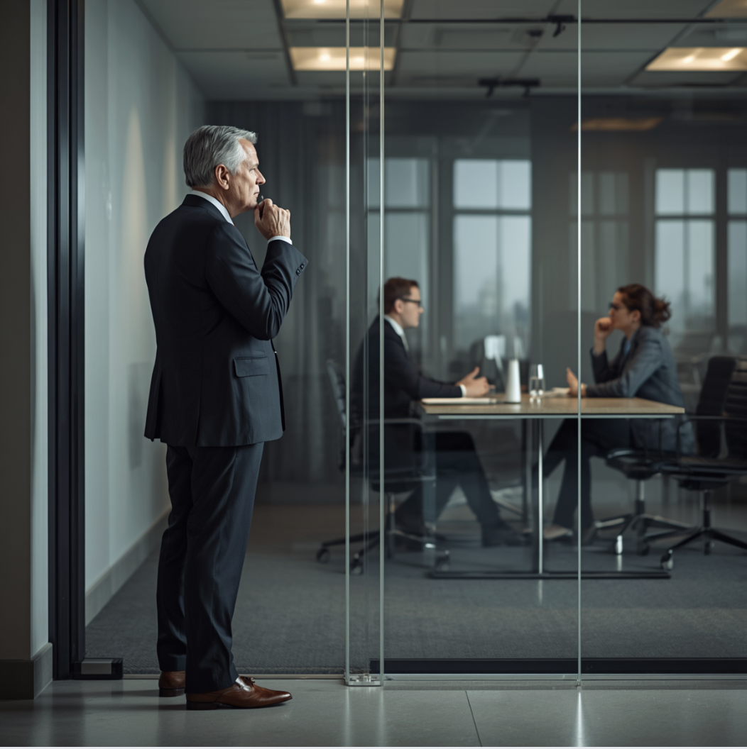Senior law firm partner standing outside a glass conference room, watching two colleagues talk inside, appearing thoughtful and hesitant to join the conversation.